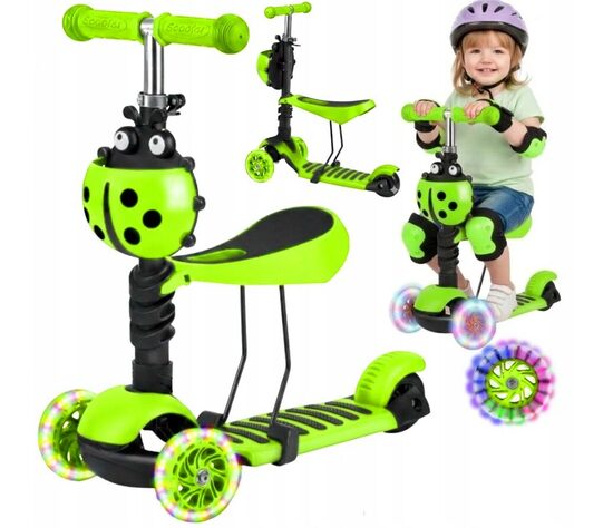 Paspirtukas 3 in 1 su LED ratukais, žalias